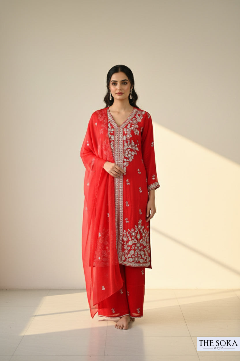 Pure Chinon Red Embroidered Kurta Set with Handmade Detailing