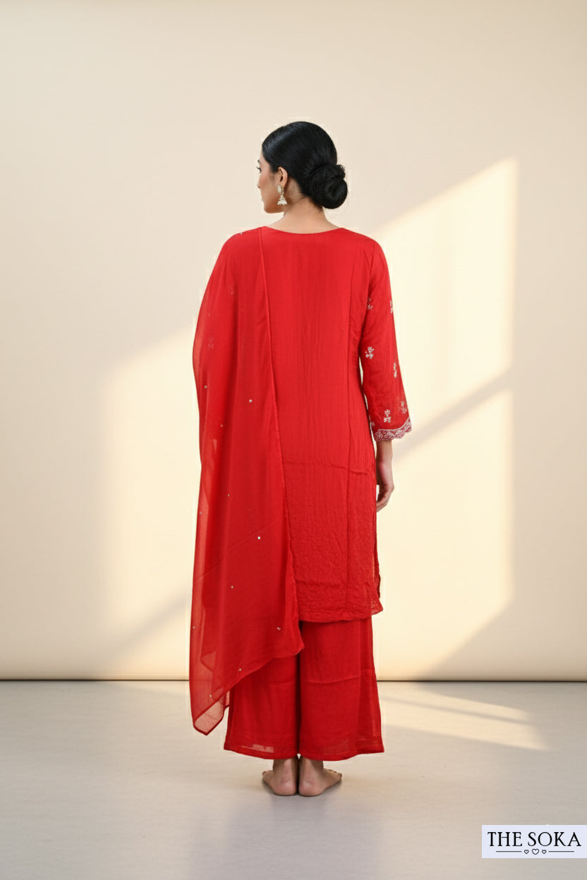 Pure Chinon Red Embroidered Kurta Set with Handmade Detailing
