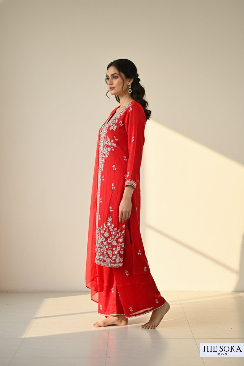 Pure Chinon Red Embroidered Kurta Set with Handmade Detailing