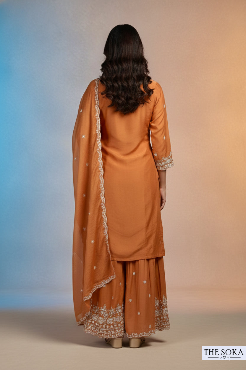 Pure Chinon  Rust Orange Embroidered Silk Kurta with Sharara Set