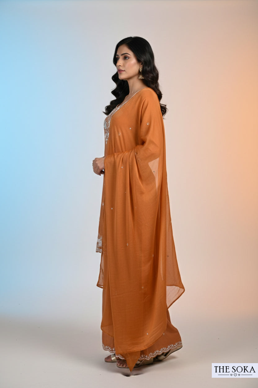 Pure Chinon  Rust Orange Embroidered Silk Kurta with Sharara Set