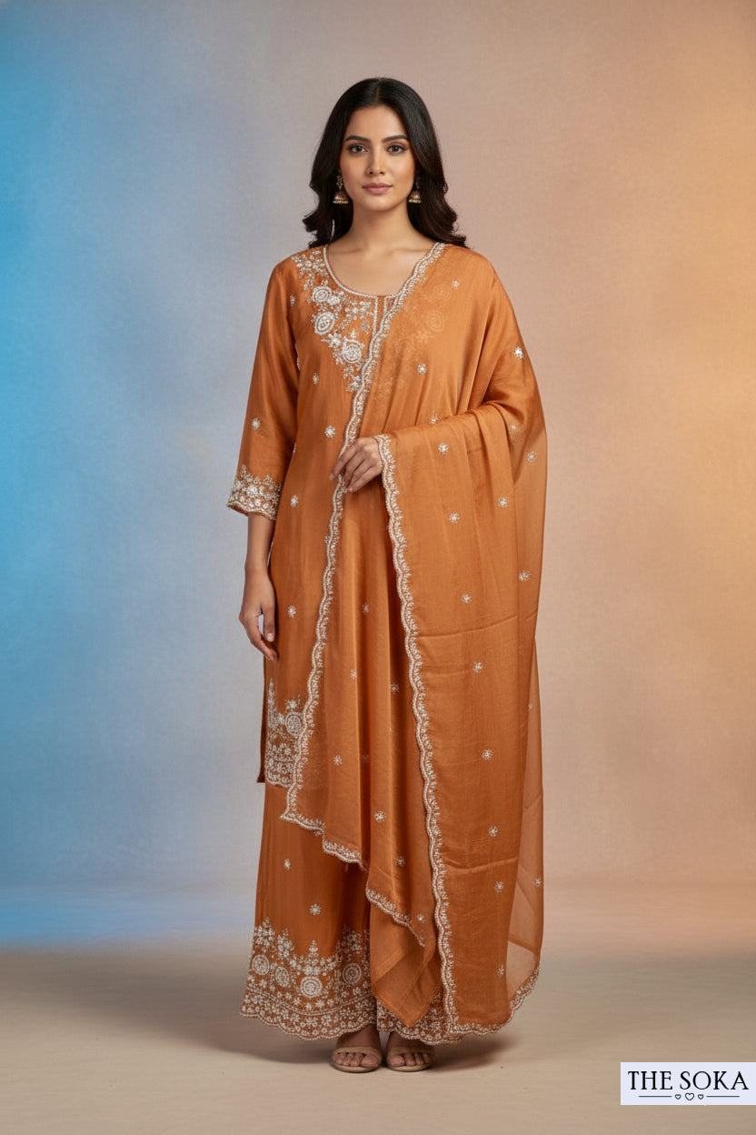 Pure Chinon  Rust Orange Embroidered Silk Kurta with Sharara Set