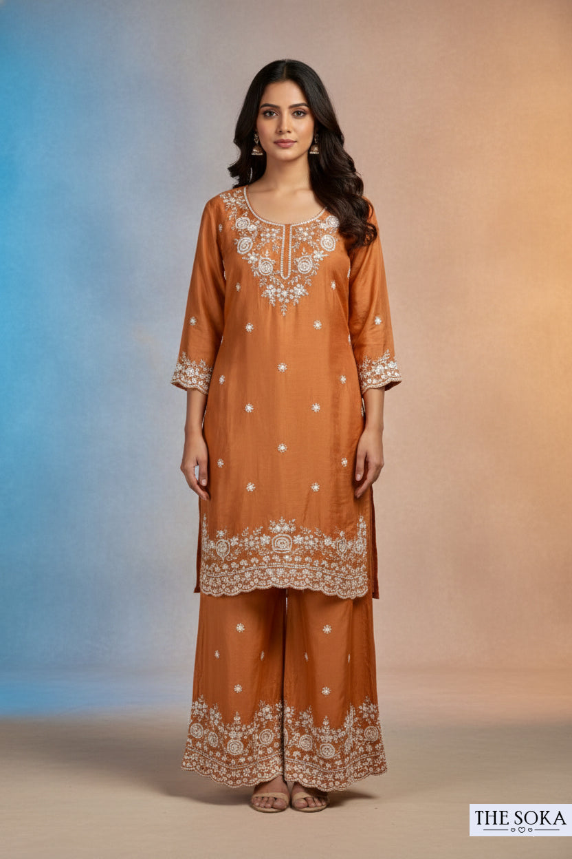 Pure Chinon  Rust Orange Embroidered Silk Kurta with Sharara Set