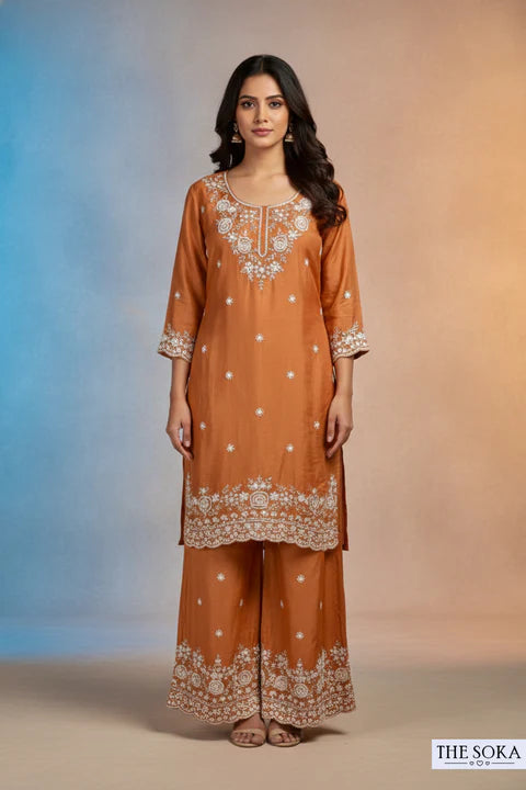 Pure Chinon  Rust Orange Embroidered Silk Kurta with Sharara Set
