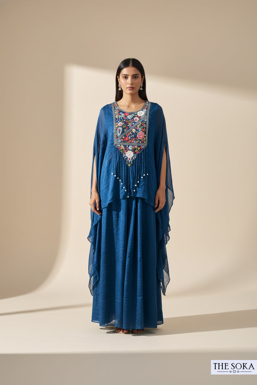 Pure Chinon Silk Dark Blue Embroidered Cape Sharara Set