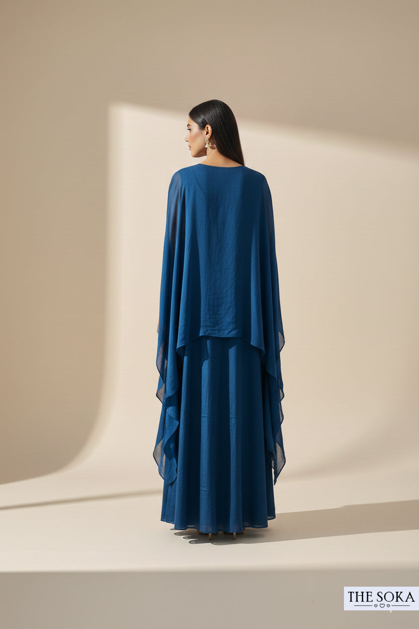 Pure Chinon Silk Dark Blue Embroidered Cape Sharara Set