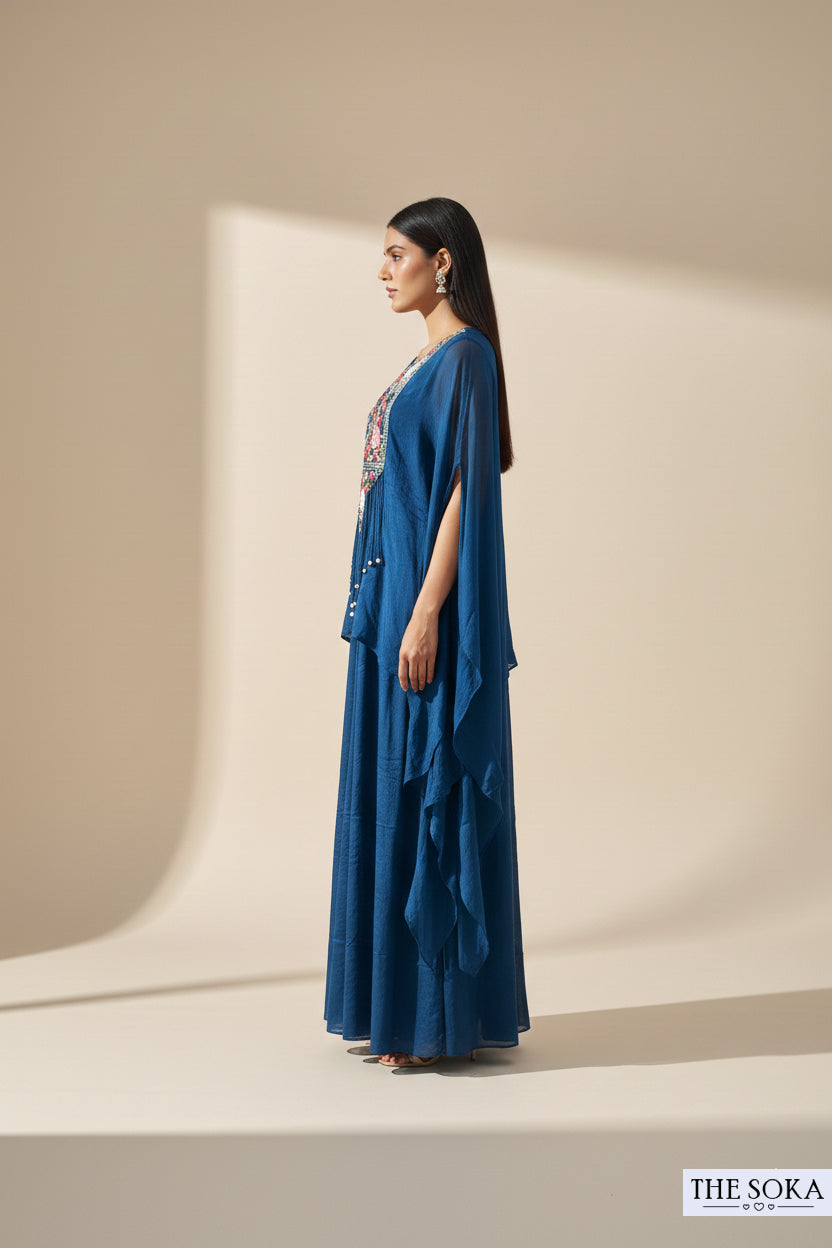 Pure Chinon Silk Dark Blue Embroidered Cape Sharara Set