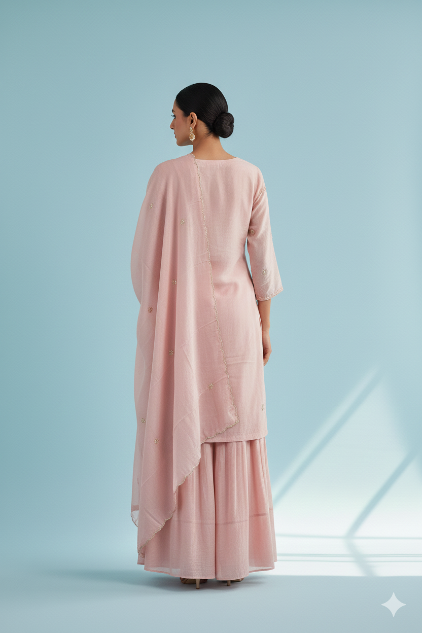 Pure Chinon Silk & Zardozi Work Blush Pink Embroidered Kurta Set with Sharara and Dupatta