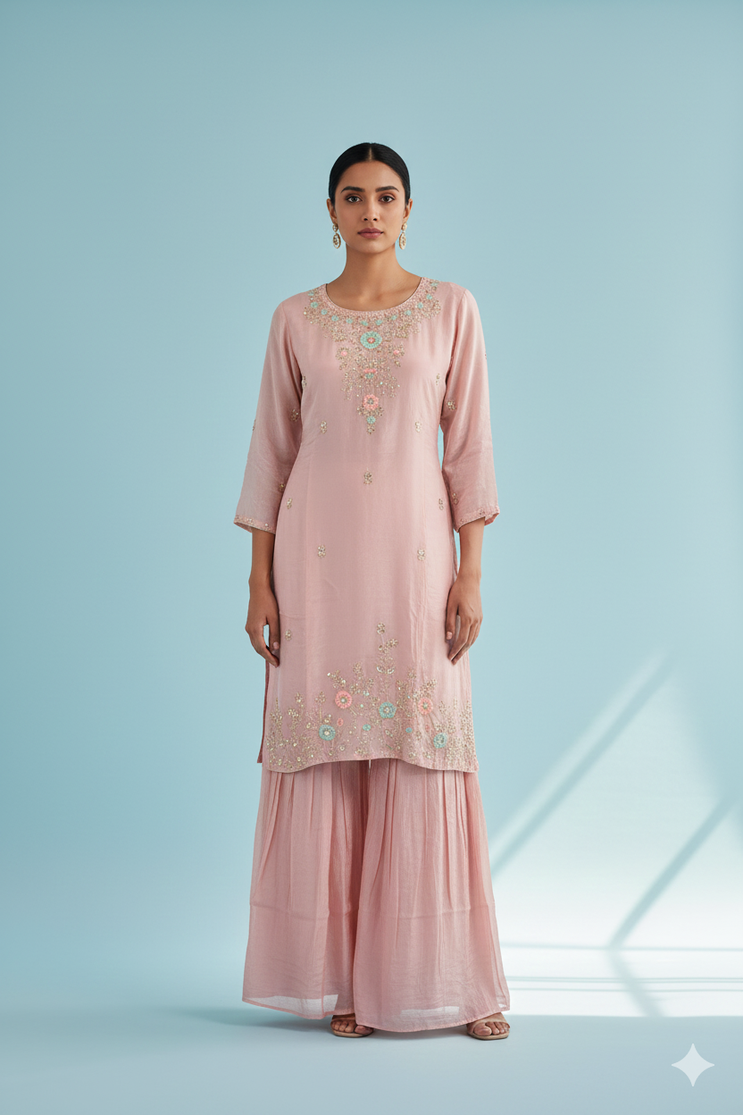 Pure Chinon Silk & Zardozi Work Blush Pink Embroidered Kurta Set with Sharara and Dupatta