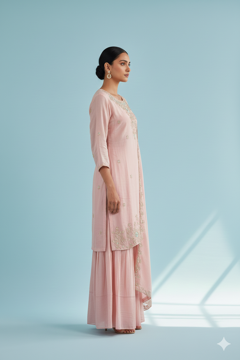 Pure Chinon Silk & Zardozi Work Blush Pink Embroidered Kurta Set with Sharara and Dupatta