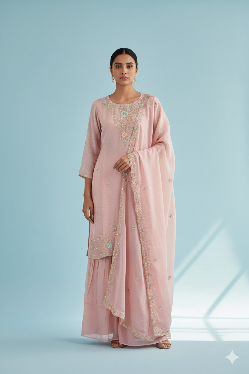 Pure Chinon Silk & Zardozi Work Blush Pink Embroidered Kurta Set with Sharara and Dupatta
