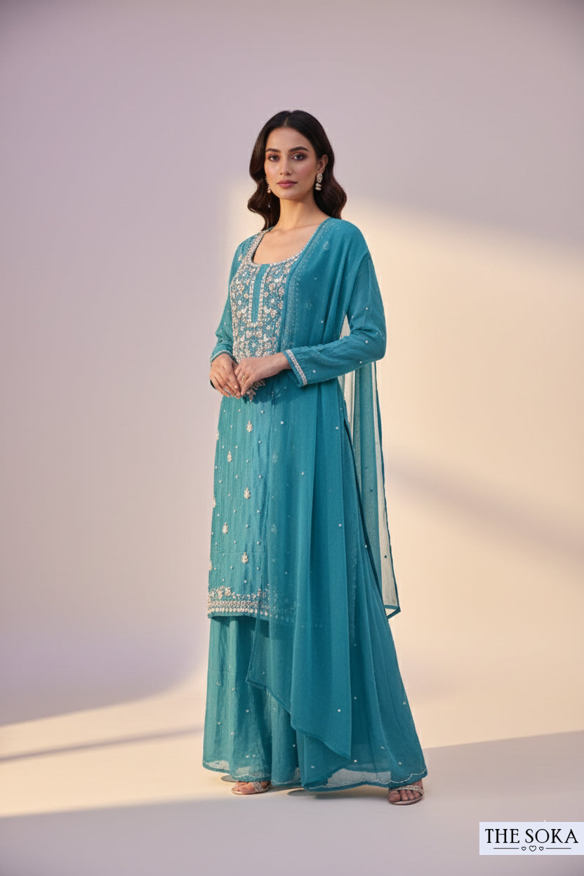 Pure Chinon Teal Blue Embroidered Palazzo Suit with Dupatta