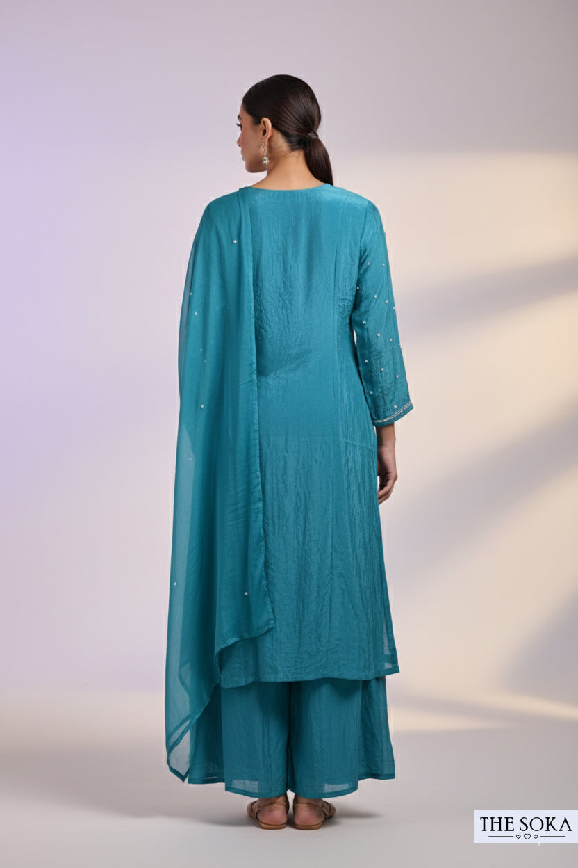 Pure Chinon Teal Blue Embroidered Palazzo Suit with Dupatta