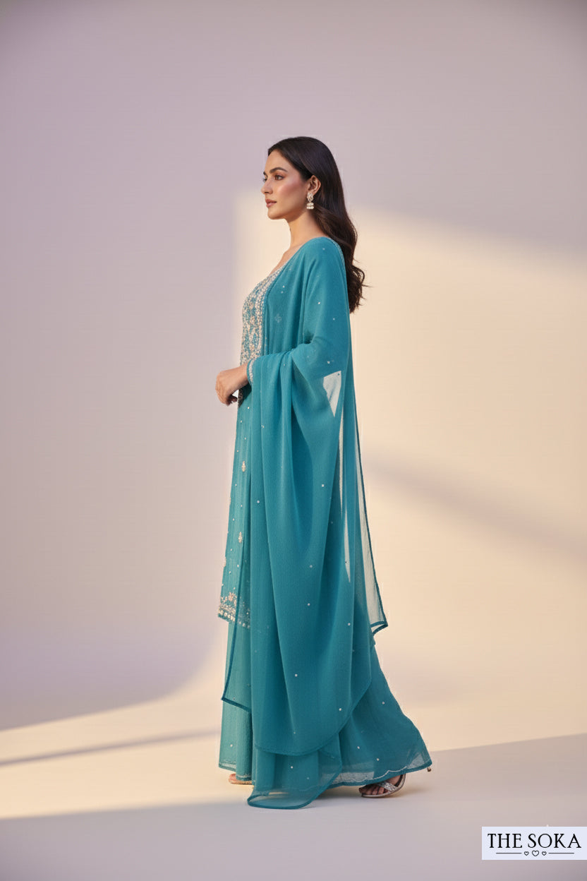 Pure Chinon Teal Blue Embroidered Palazzo Suit with Dupatta