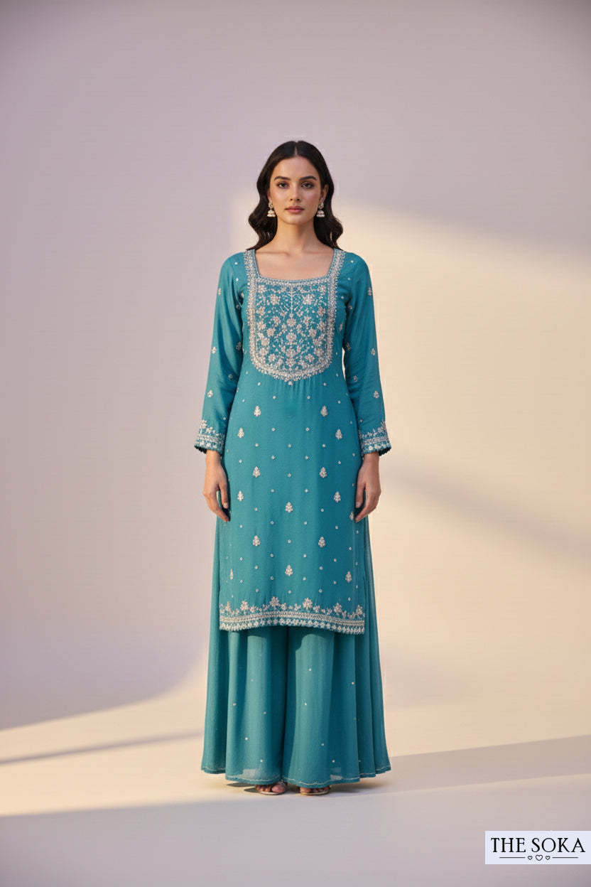 Pure Chinon Teal Blue Embroidered Palazzo Suit with Dupatta
