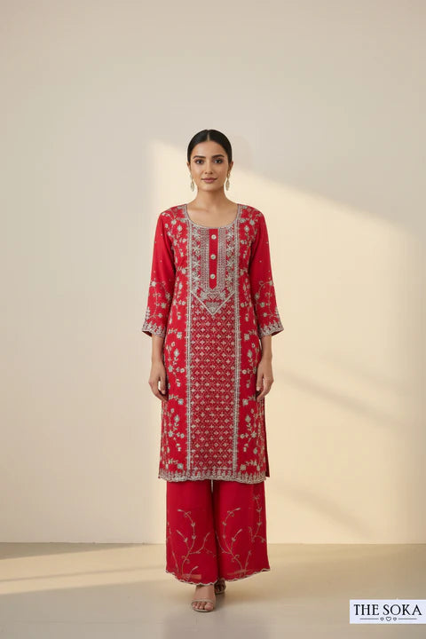 Pure Chinon Vibrant Crimson Magenta Regal Radiance Embroidered Palazzo Suit