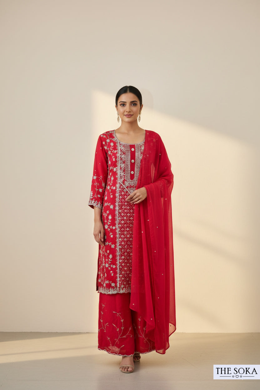 Pure Chinon Vibrant Crimson Red Regal Radiance Embroidered Palazzo Suit