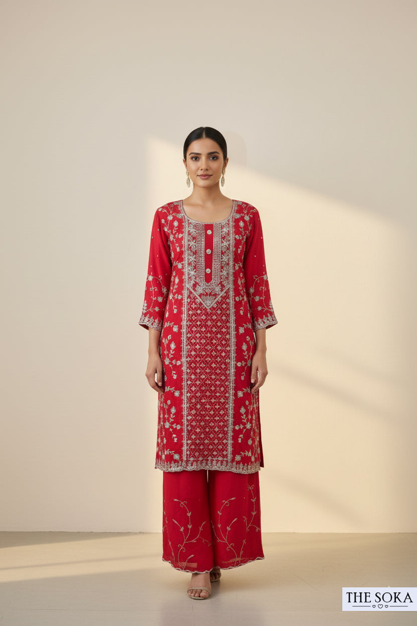 Pure Chinon Vibrant Crimson Red Regal Radiance Embroidered Palazzo Suit