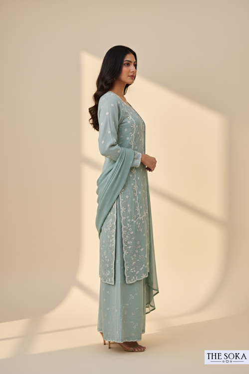 Pure Chinon Zari Embroidered Lucknowi Kurta Set
