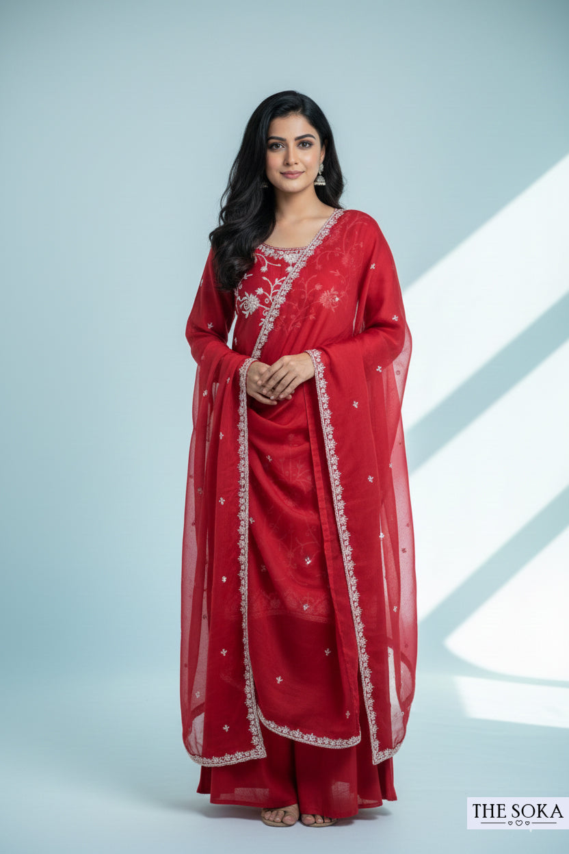 Pure Dola Silk Embroidered Peplum Kurta Set with Red Sharara Pants and Dupatta