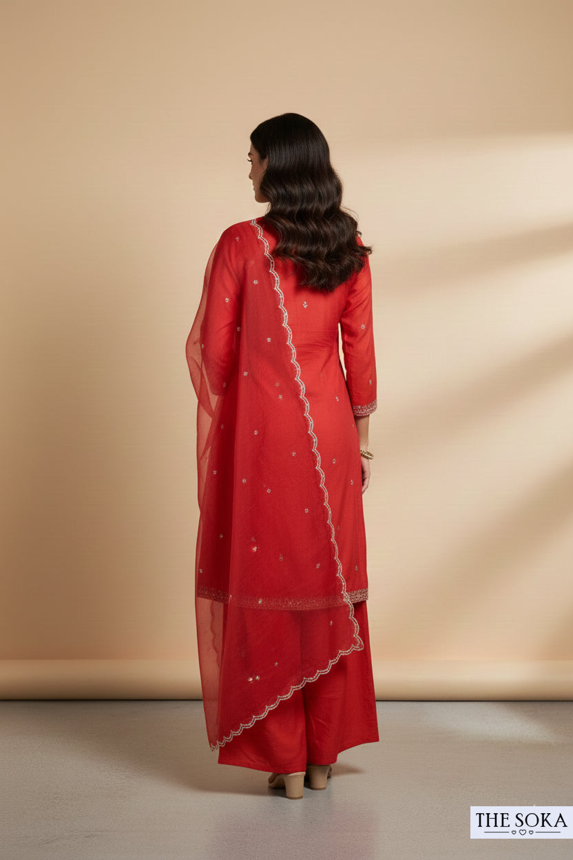 Pure Dola Silk Embroidered Peplum Kurta Set with Red Sharara Pants and Dupatta