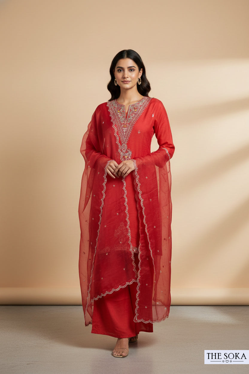 Pure Dola Silk Embroidered Peplum Kurta Set with Red Sharara Pants and Dupatta