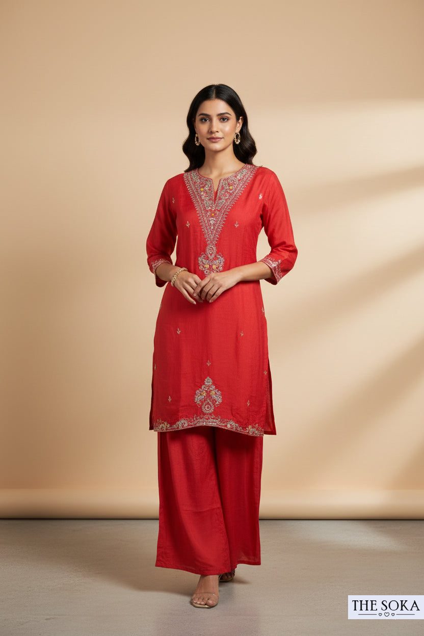 Pure Dola Silk Embroidered Peplum Kurta Set with Red Sharara Pants and Dupatta