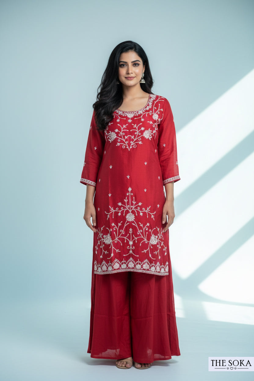 Pure Dola Silk Embroidered Peplum Kurta Set with Red Sharara Pants and Dupatta