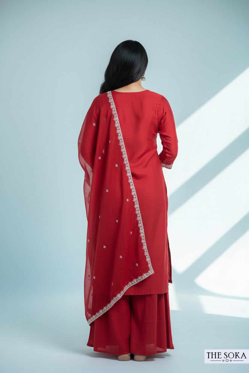 Pure Dola Silk Embroidered Peplum Kurta Set with Red Sharara Pants and Dupatta