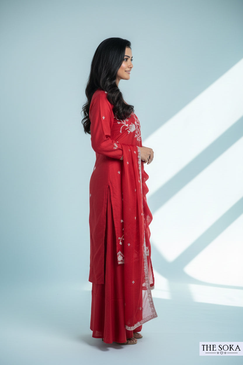Pure Dola Silk Embroidered Peplum Kurta Set with Red Sharara Pants and Dupatta