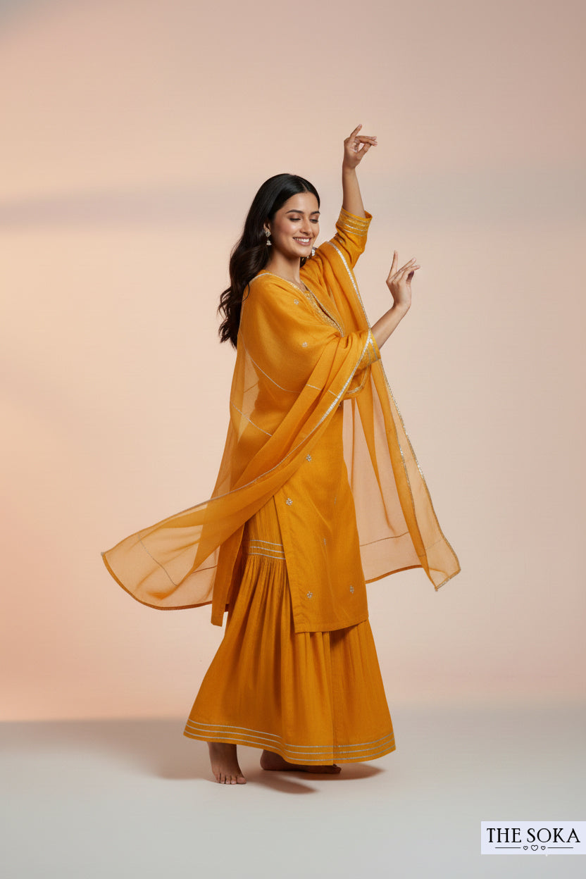 Pure Dola Silk Mustard Yellow Embroidered Kurta with Palazzo and Dupatta Set