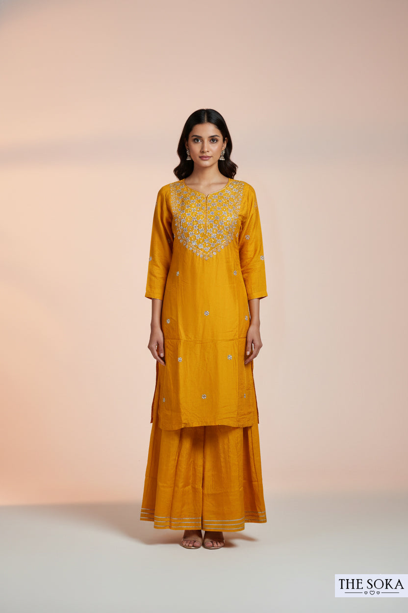 Pure Dola Silk Mustard Yellow Embroidered Kurta with Palazzo and Dupatta Set