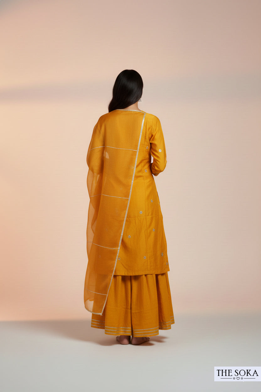 Pure Dola Silk Mustard Yellow Embroidered Kurta with Palazzo and Dupatta Set