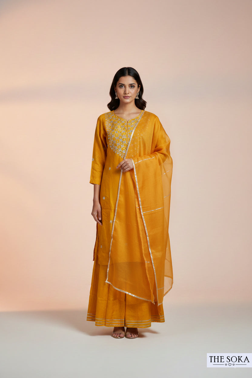 Pure Dola Silk Mustard Yellow Embroidered Kurta with Palazzo and Dupatta Set