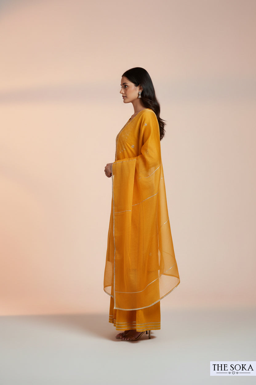 Pure Dola Silk Mustard Yellow Embroidered Kurta with Palazzo and Dupatta Set