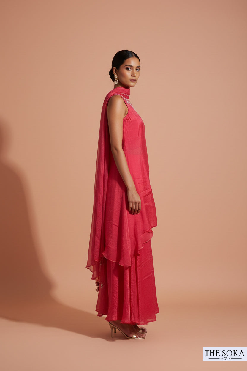 Pure Fendi Rani Pink Tiered Kurta, Palazzo and Dupatta Set