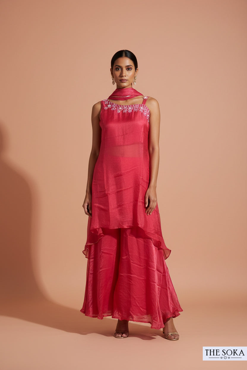 Pure Fendi Rani Pink Tiered Kurta, Palazzo and Dupatta Set