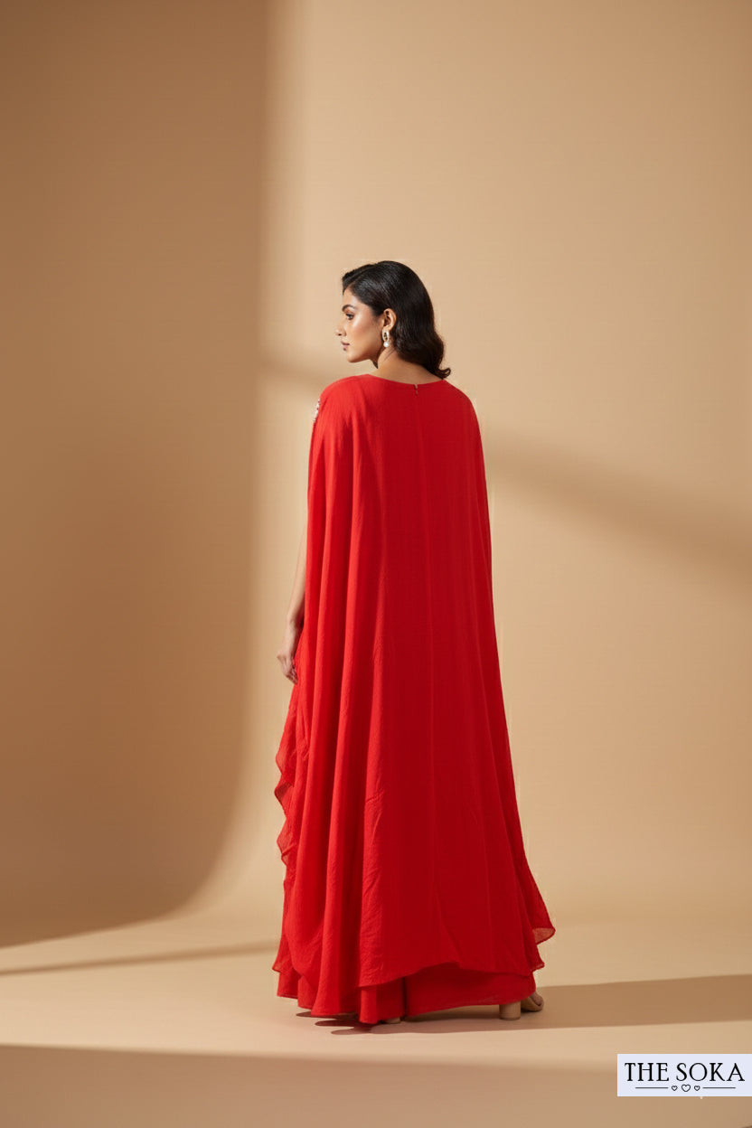 Pure Natural Crepe Red Embroidered Kaftan Gown with a Draped