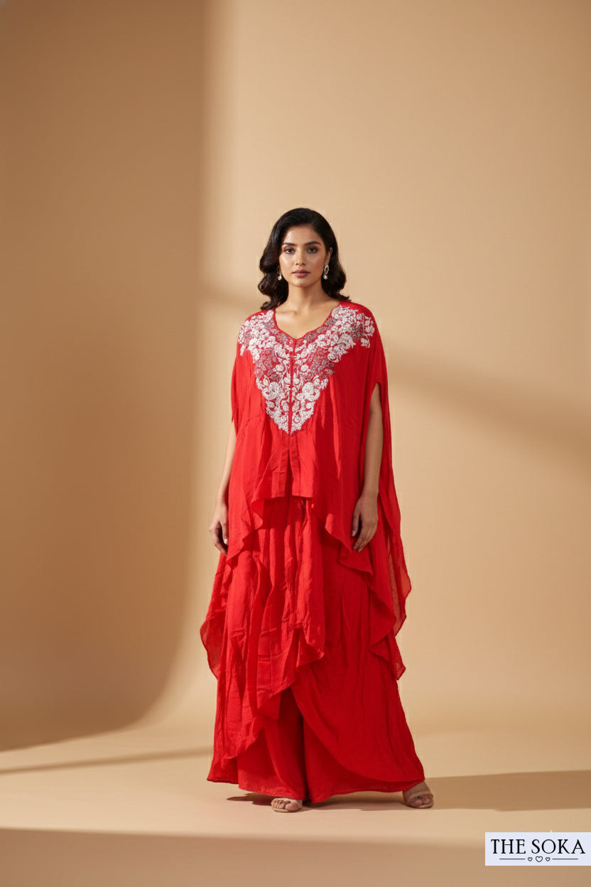 Pure Natural Crepe Red Embroidered Kaftan Gown with a Draped
