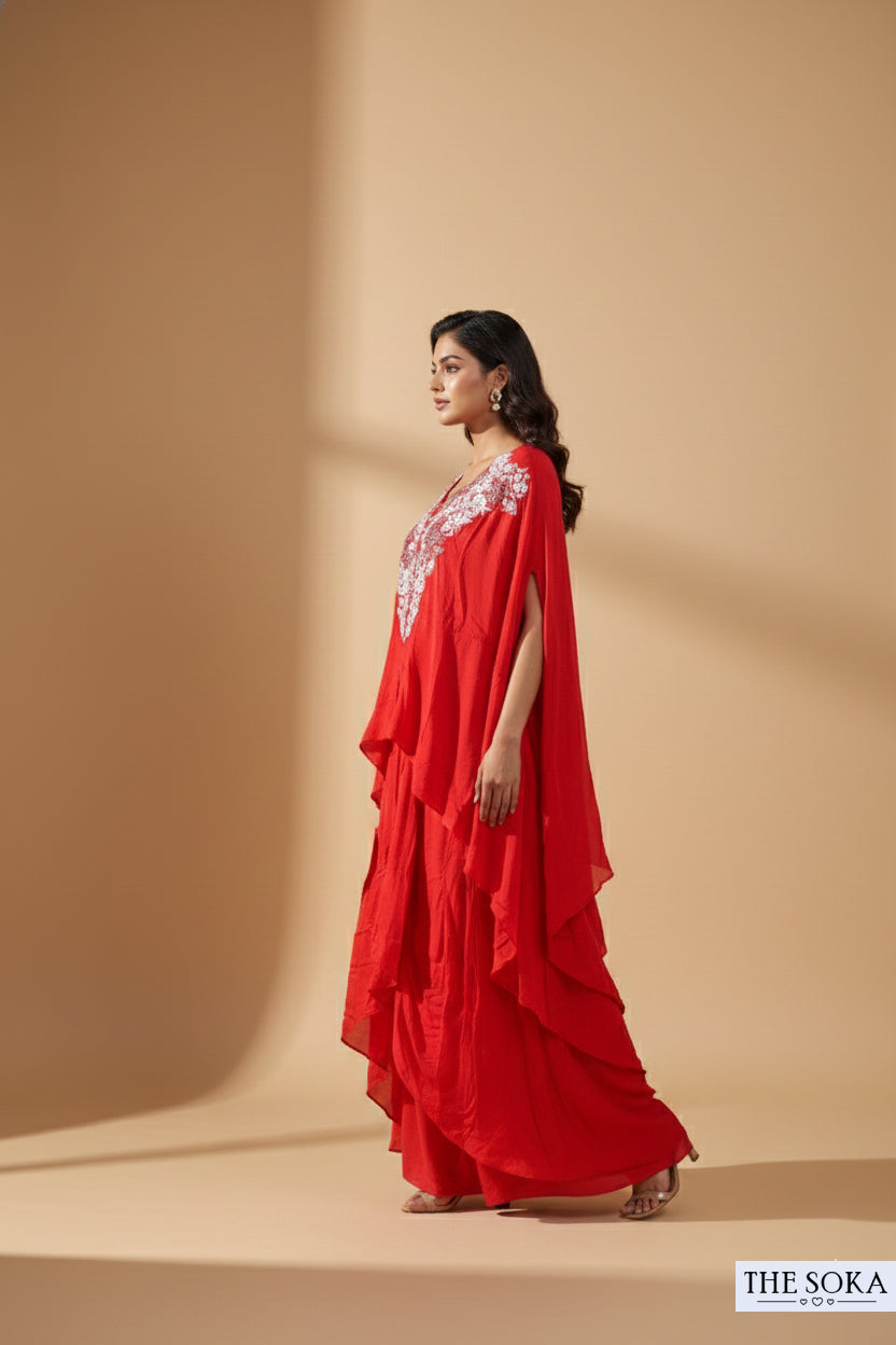 Pure Natural Crepe Red Embroidered Kaftan Gown with a Draped