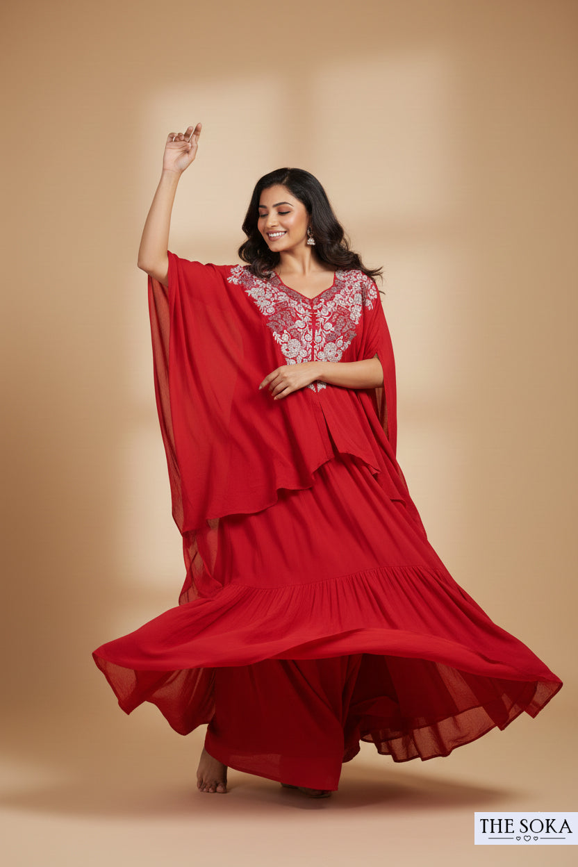 Pure Natural Crepe Red Embroidered Kaftan Gown with a Draped