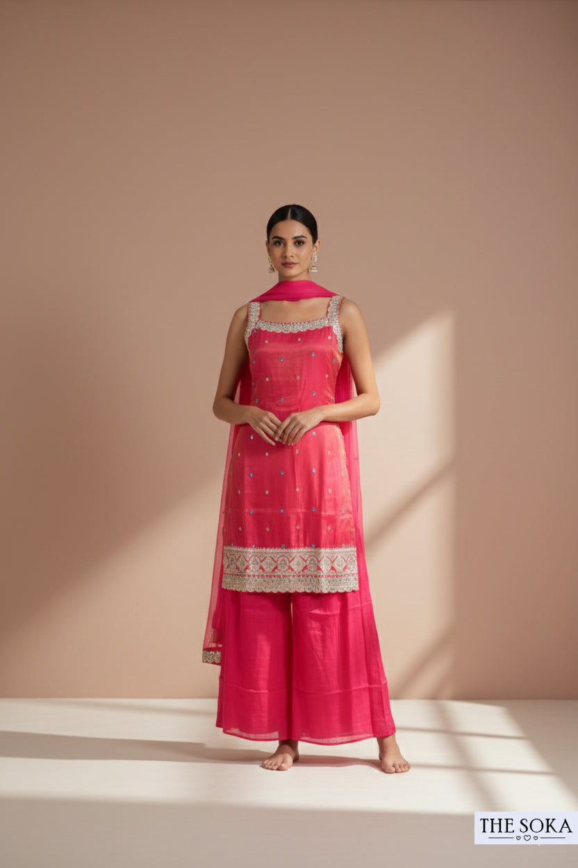 Pure Tissue Shimmer Luxurious Blush Pink Embroidered Sharara Suit