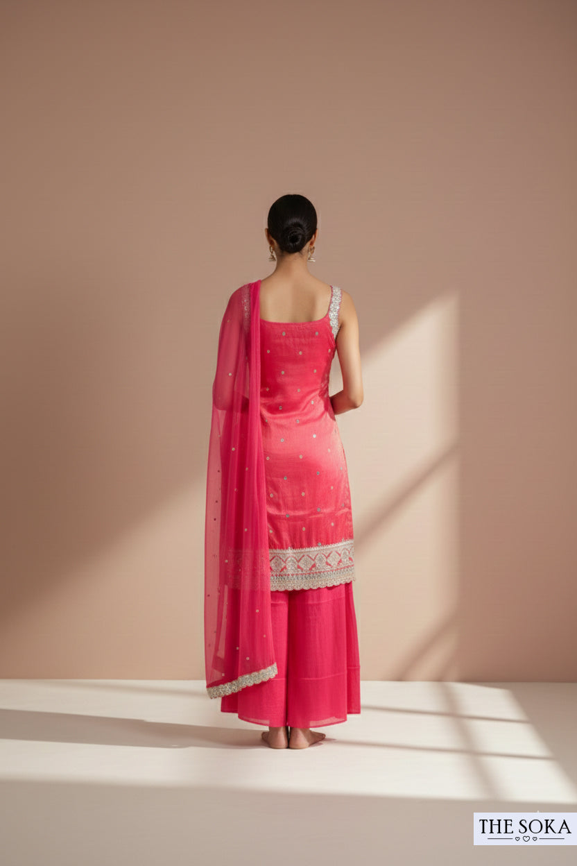 Pure Tissue Shimmer Luxurious Blush Pink Embroidered Sharara Suit