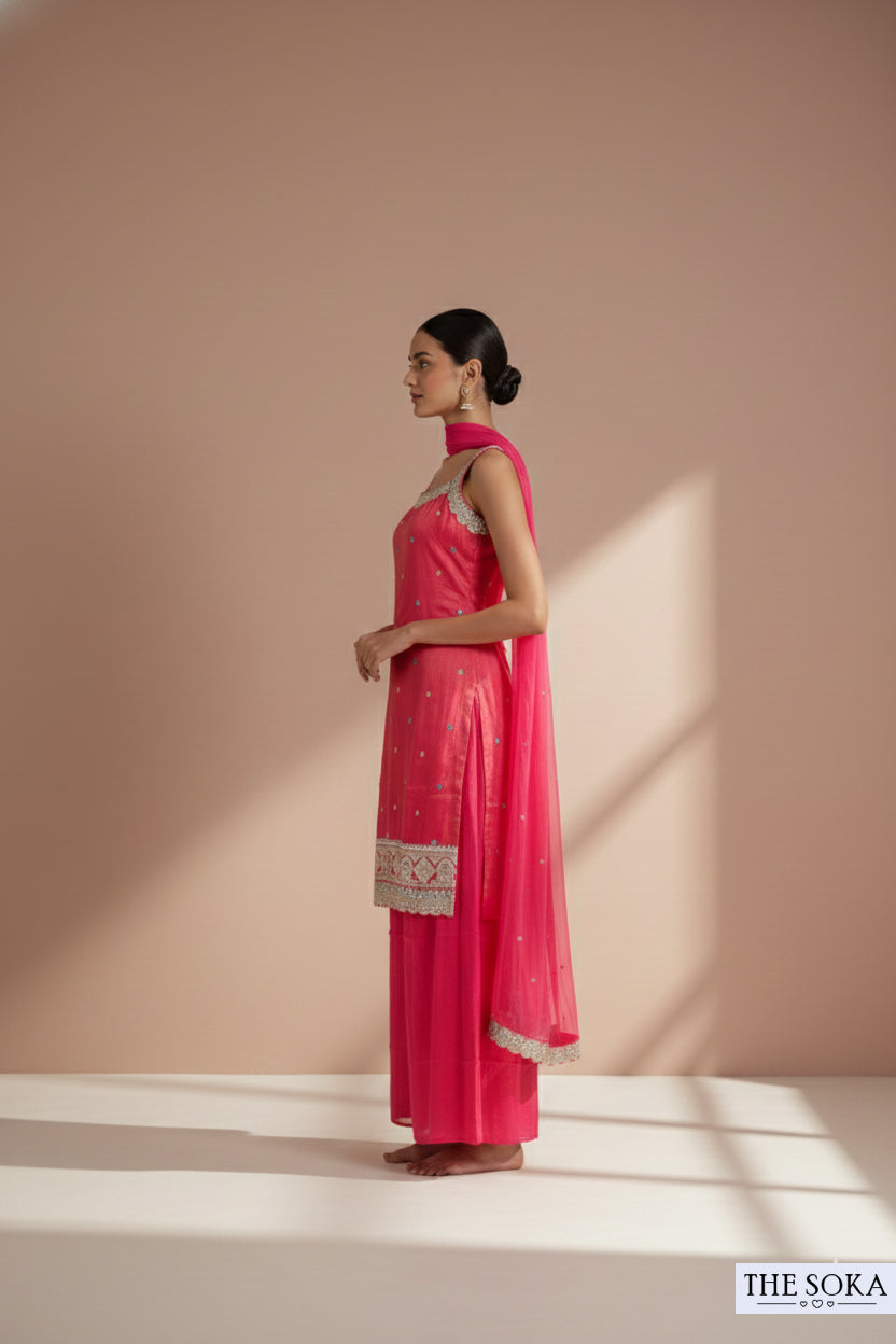 Pure Tissue Shimmer Luxurious Blush Pink Embroidered Sharara Suit