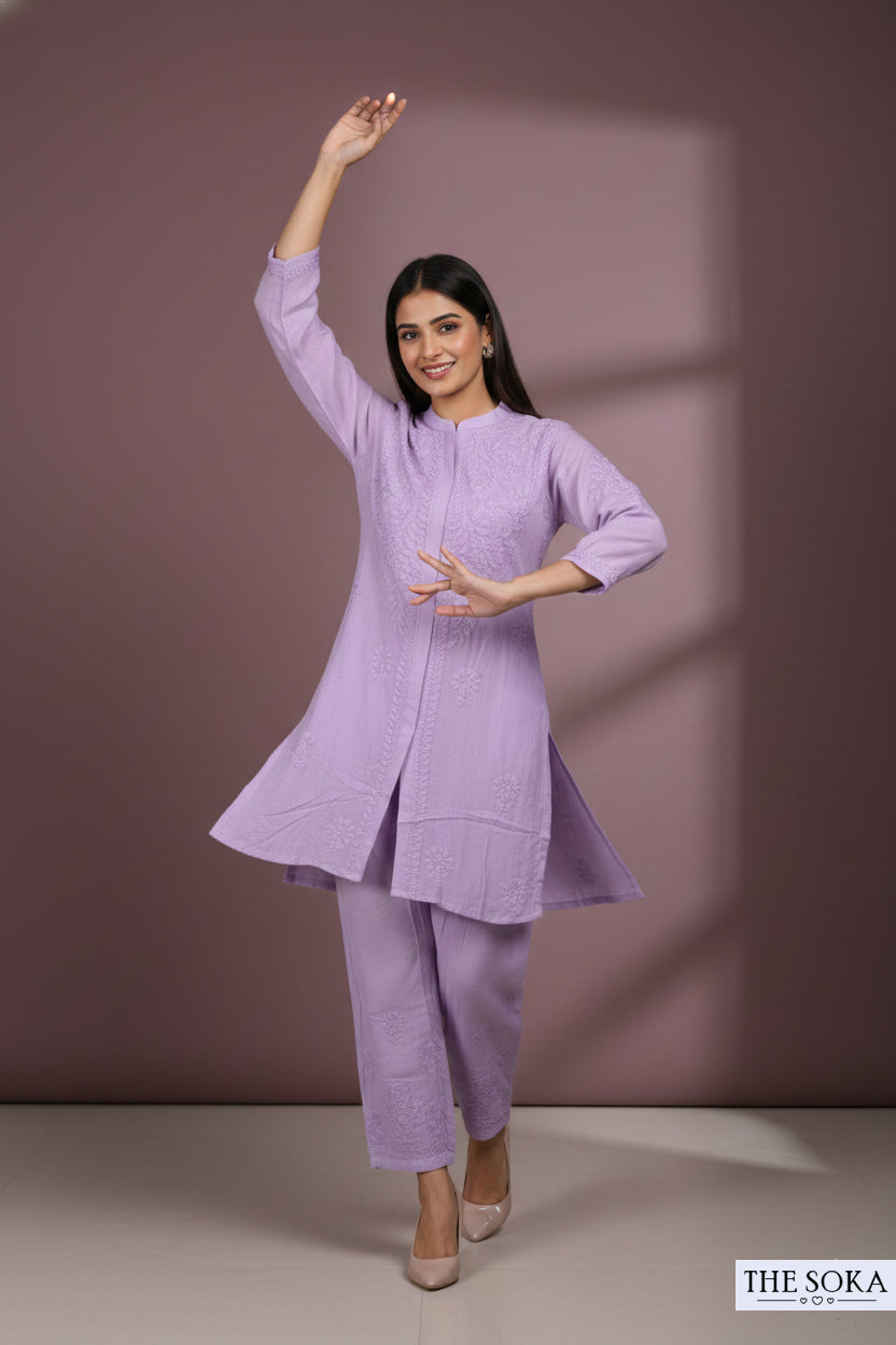Purple Pure Chikankari Premium Muslin Co-Ord Embroidered Handwork