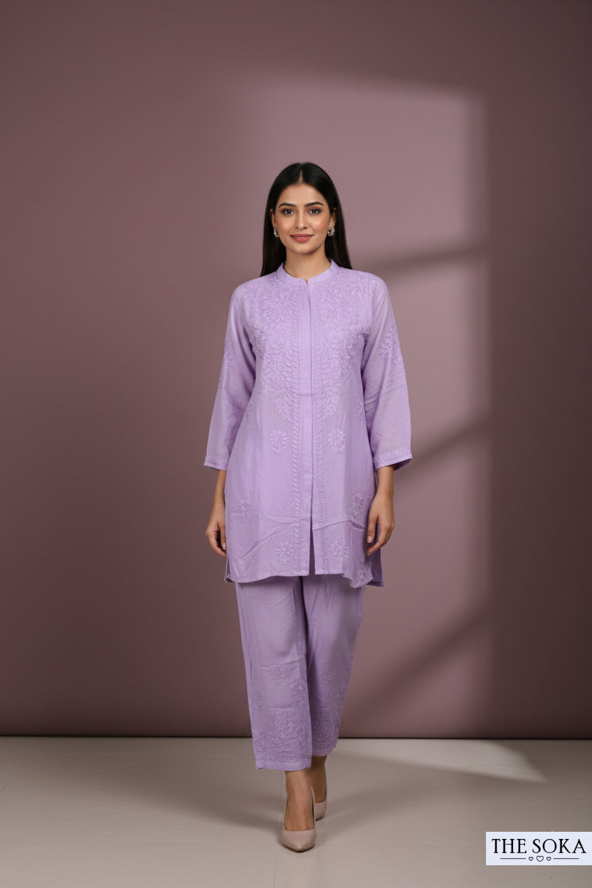 Purple Pure Chikankari Premium Muslin Co-Ord Embroidered Handwork