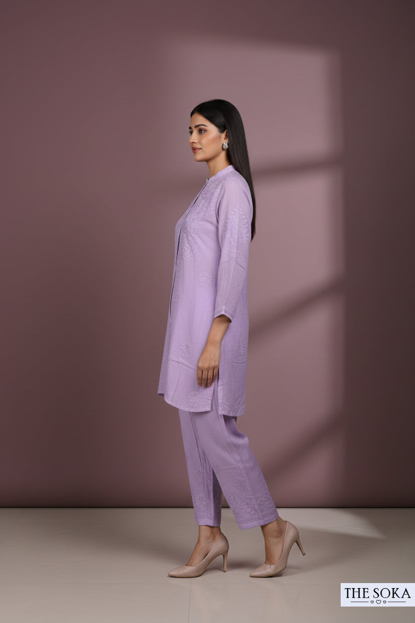 Purple Pure Chikankari Premium Muslin Co-Ord Embroidered Handwork