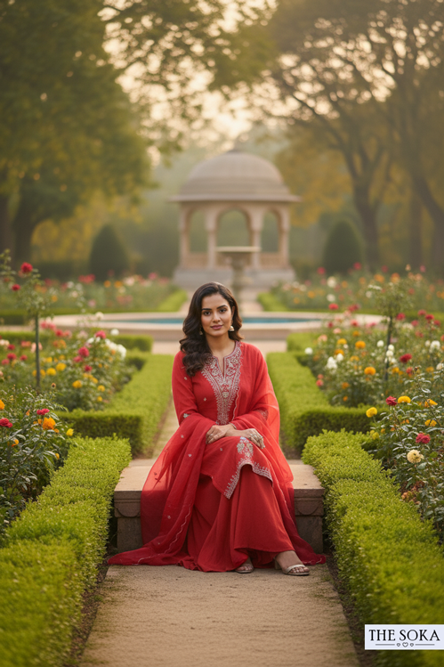 Woman in a red traditional outfit sitting on a stone bench in a garden with a gazebo in the background.