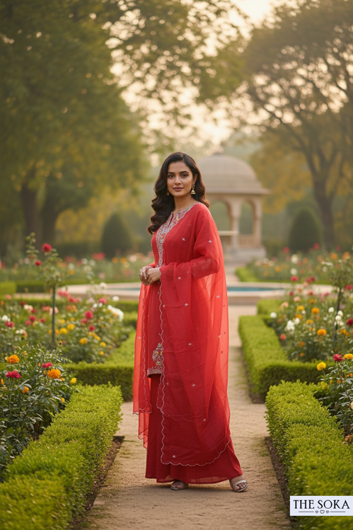 Woman in a red traditional outfit standing in a garden with flowers and a gazebo.