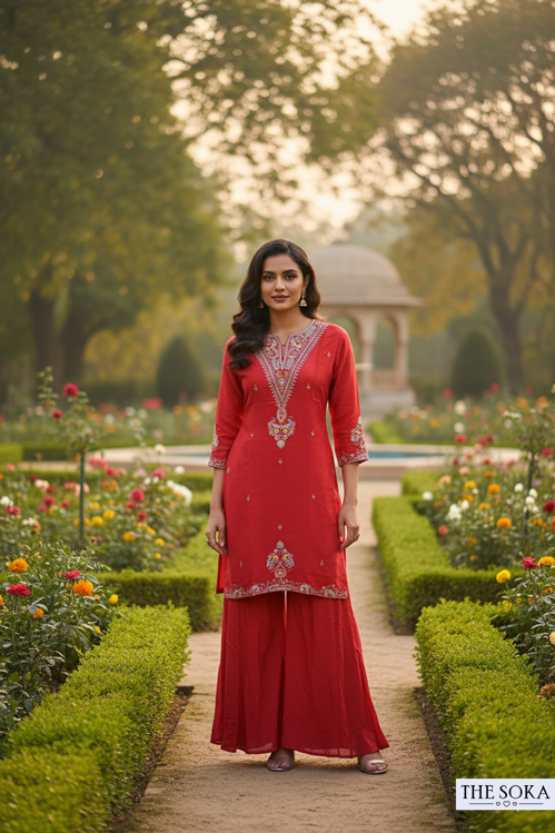 Woman in a red traditional outfit standing in a garden with floral arrangements and a gazebo.
